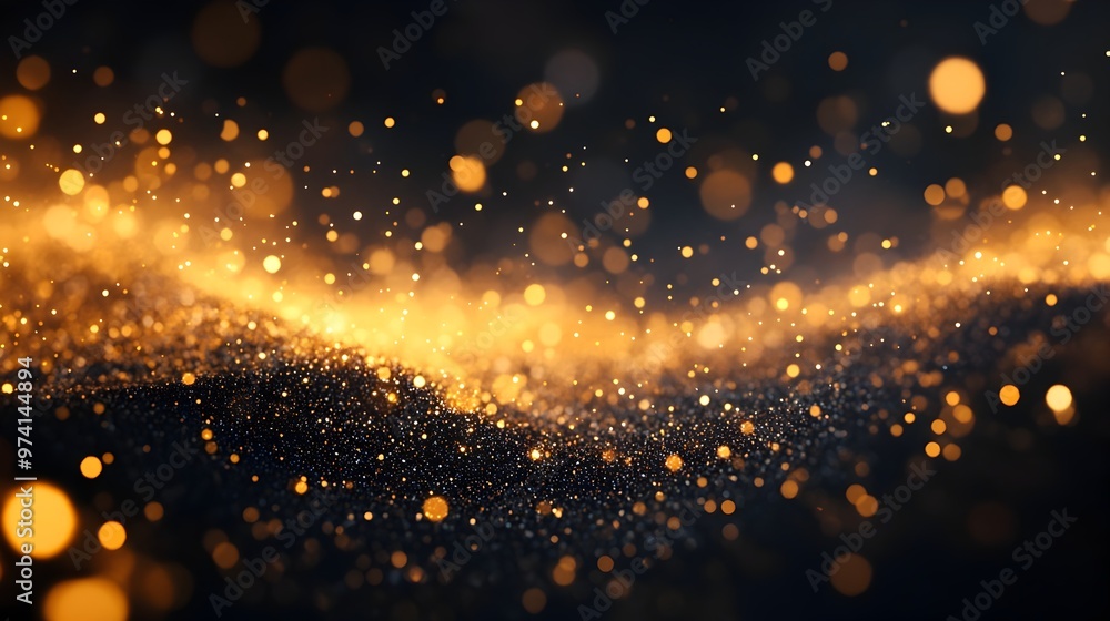 Poster shimmering golden particles against dark backdrop create festive design element