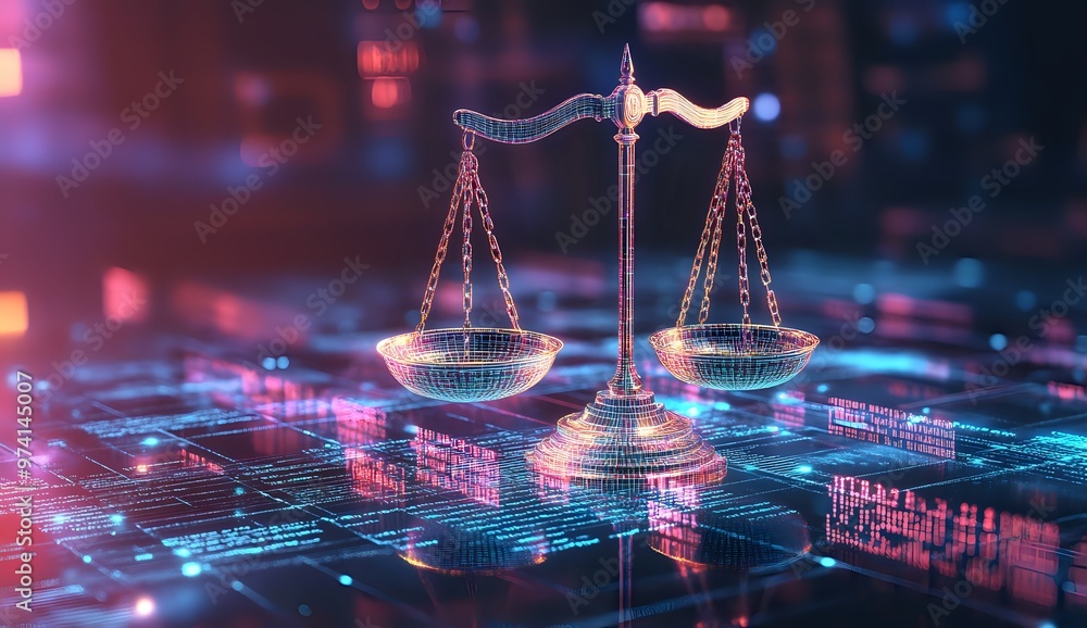 Poster a 3d rendered image of a wireframe scale of justice sitting on a digital background.