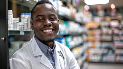 Naklejka premium smiling male pharmacist with dark skin, retail store