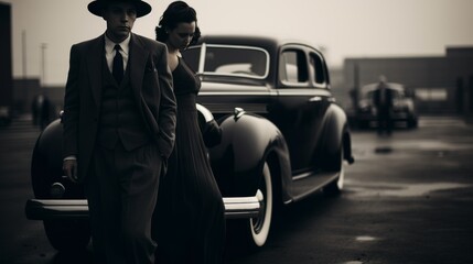 Chic gangster duo captured in a timeless noir setting beside a classic vintage automobile