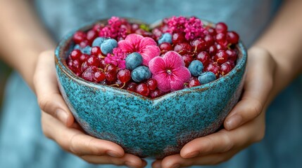 Colorful bowl of fresh berries and flowers held by person outdoors, showcasing nature's bounty in a vibrant setting