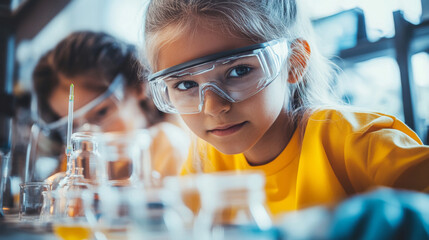 Young girl engages in a science experiment at a laboratory during a hands-on learning session, showcasing curiosity and focus on her complex project with lab equipment and materials
