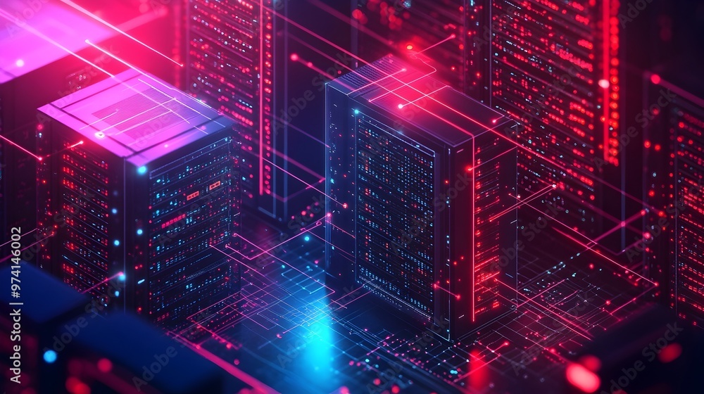 Poster futuristic isometric server room showcasing data processing technology in neon gradient