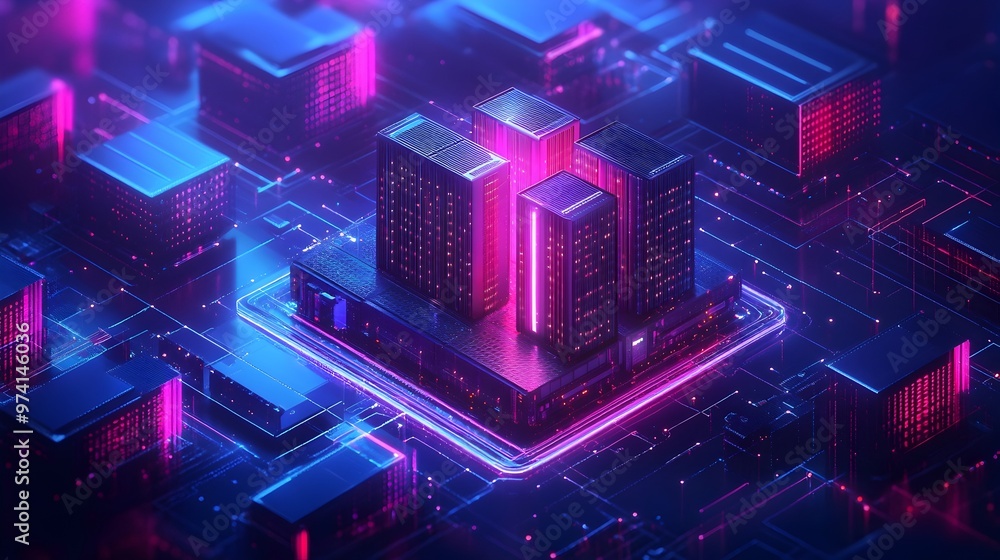 Poster futuristic isometric datacenter and big data processing technology concept against neon dark