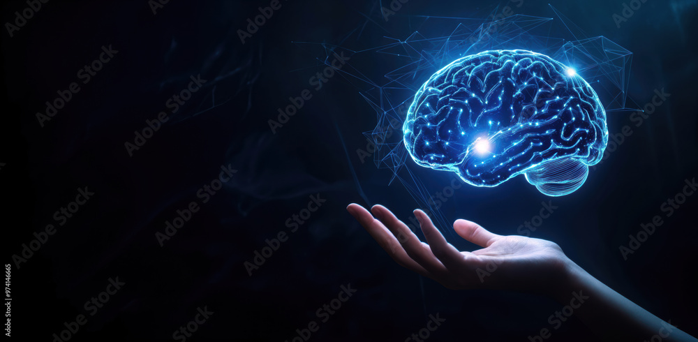 Poster hand interacting with floating glowing of human brain