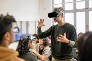 Man Wearing VR Headset in Classroom