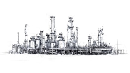Obraz premium Detailed Line Drawing of an Industrial Refinery Plant Representing the Oil and Energy Industry
