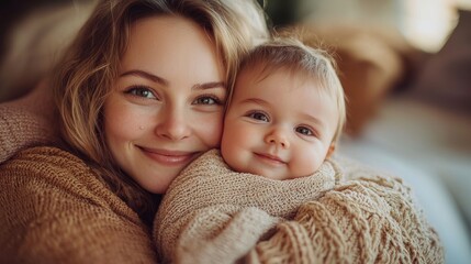 Obraz premium A joyful mother embraces her smiling baby while sitting together in a cozy, warmly lit living room during the afternoon
