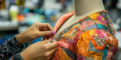 A close-up of a colorful garment being tailored on a mannequin, showcasing intricate patterns and craftsmanship.