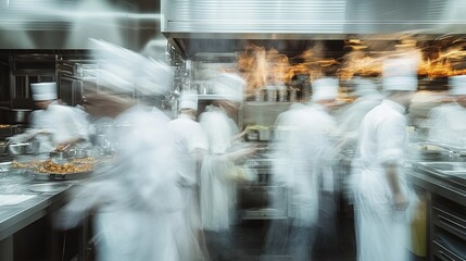 A chaotic professional kitchen with a bustling team of chefs and cooks, captured through a lens veiled in a soft blur. 