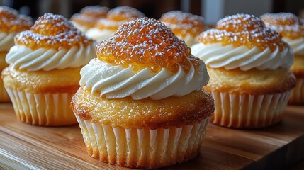 Delicious golden cupcakes topped with cream and citrus glaze arranged beautifully on a wooden board, inviting sweet indulgence