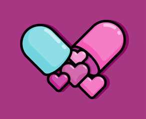 cartoon line style illustration of Pill medicine for treatment containing love symbol love can heal. Clip art can be used for t shirt, clothing, print, banner, invitation, party card, sticker, pillow