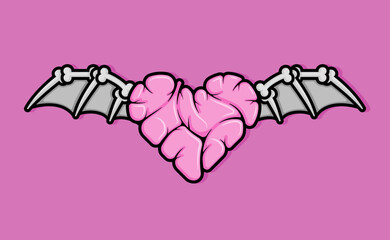 cartoon line style illustration of wrinkled heart shaped like a brain with bat wings for mind draining love. Clip art can be used for t shirt, clothing, print, banner, invitation, party card, sticker