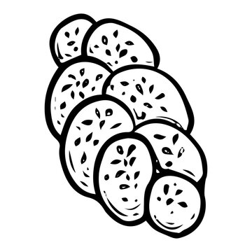 recommend clip art: Bun braid hand drawn doodle. Baked pie with sprinkles. Bakery. Sweet food. Homemade pastry. Wheat dough bread. Sugar biscuit dessert. Vector sketch line art illustration.