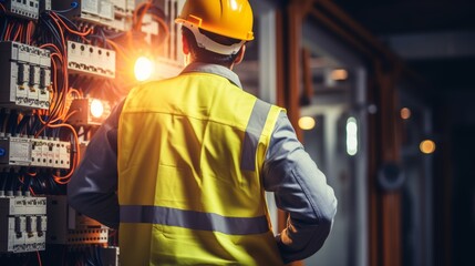 Engineer in protective gear operates complex industrial control panel with screens and dials
