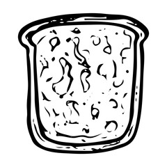 Slice of toast bread hand drawn doodle. Baked bun. Bakery. Loaf. Wheat dough pie. Sweet food. Cut off piece. Homemade pastry. Sugar biscuit dessert. Vector sketch line art illustration.