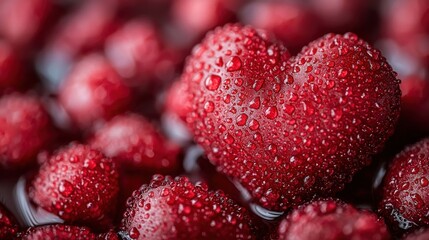 Fresh red berries arranged in heart shapes with droplets, creating a romantic atmosphere ideal for celebrations or desserts