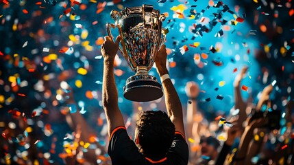 A celebratory scene of a victorious athlete holding a trophy high above their head, surrounded by confetti and cheering crowds, capturing the moment of success at a major tournament 