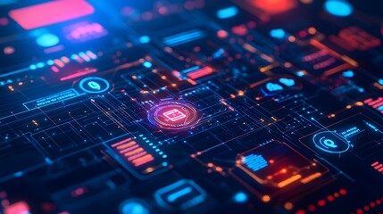 Fototapeta premium A detailed 3D view of a financial technology interface with multiple fintech app icons, interactive charts, and secure transaction features, set against a sleek, digital background with glowing 