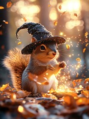 Fototapeta premium A whimsical squirrel wearing a wizard hat casts enchanting spells amidst the shadows of a mysterious haunted forest, showcasing the magic of woodland creatures.