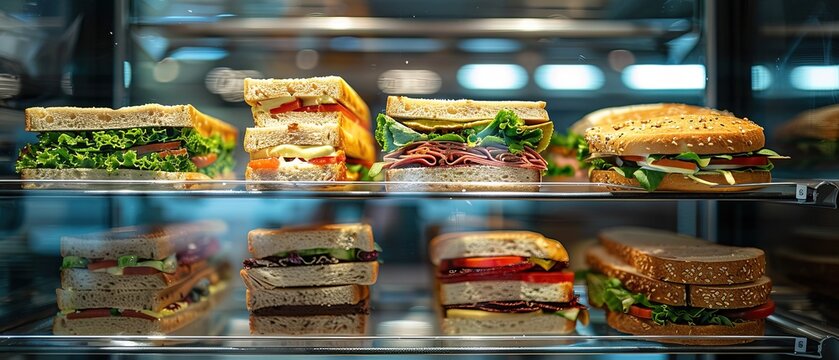 Refrigerated sandwiches on a shelf 
