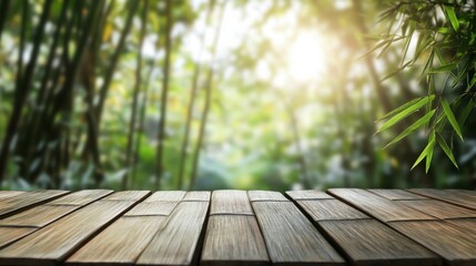 Fototapeta premium Wooden table or deck in foreground, blurred bamboo forest background, soft white sunlight, morning atmosphere