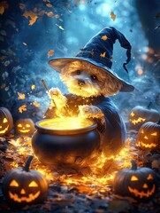 A playful poodle dons a witch's hat and cape, stirring a bubbling cauldron in a spooky kitchen, embodying the spirit of Halloween with its charming pet chef antics.