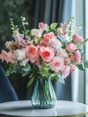 Obraz premium fresh flowers bouquet in a vase displayed on the table, modern interior