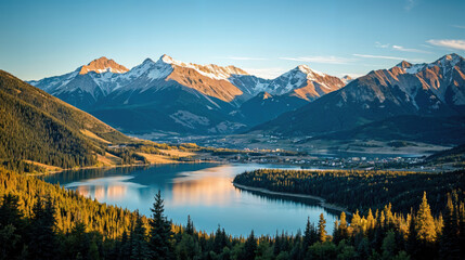 Fototapeta premium Mountain lake with evergreen forest under blue sky
