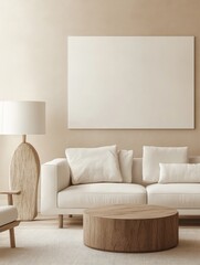 modern living room with a white sofa and armchair positioned against a beige wall. A wooden coffee table sits in front of the sofa, and a white blank list hangs above the sofa. 