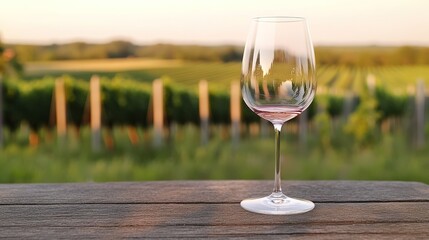 Empty wine glass on wood with vineyard backdrop