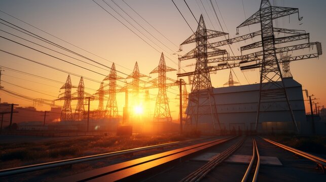 Sunset over substation  warm glow illuminates detailed switchgear and transmission towers