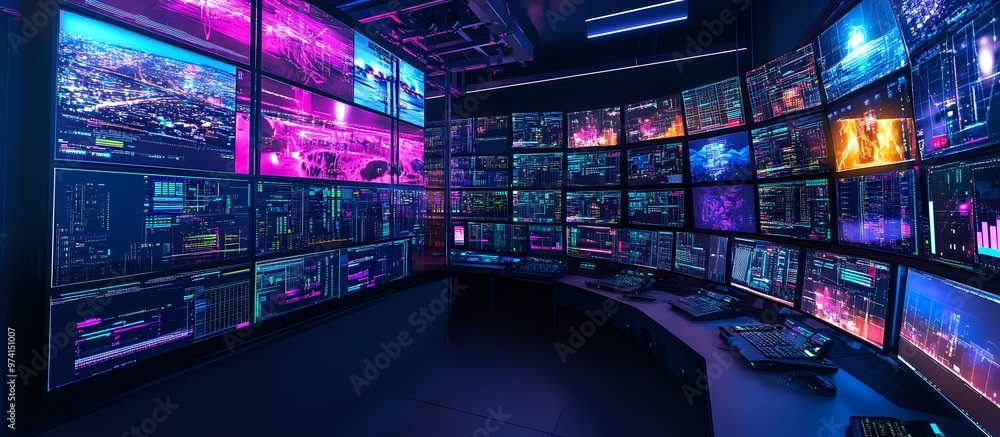 Aufkleber wall of monitors with colorful data and graphs in a dark room.