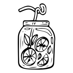 Cold lemon drink hand drawn doodle. Cocktail in glass jar with straw. Lime juice with mint. Sweet sugar water. Chilled drink. Fast food. Vector sketch line art illustration.