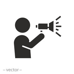 speaker man with news, icon, public advocacy through megaphone, announce in loudspeaker, loud voice warning, flat vector illustration