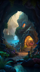 Obraz premium A dreamlike realm inhabited by miniature beings, nestled within the mysterious cave.