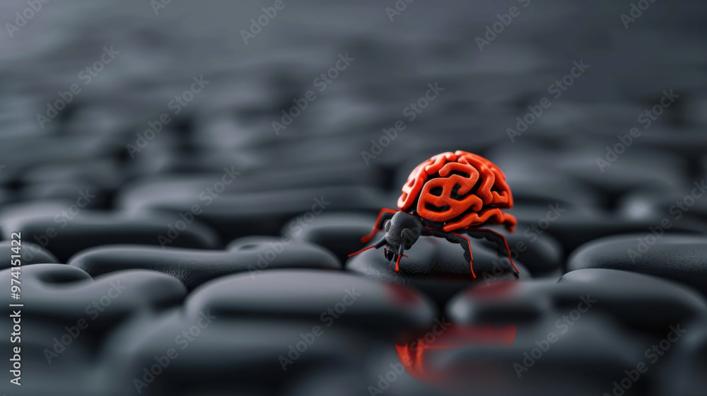 Poster a red robot insect with intricate design sits on smooth black stones, blending futuristic technology
