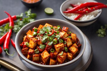 Fototapeta premium Mapo Tofu - The traditional Sichuan dish of silken tofu and ground beef, packed with mala flavor from chili oil and Sichuan peppercorns - Asian food style 