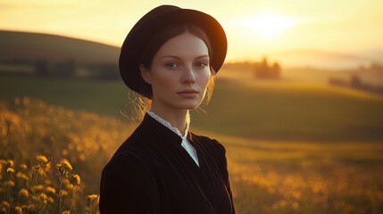 Fototapeta premium A young woman with a black hat stands in a golden field at sunset, capturing a moment of tranquility amidst the beauty of nature and the warm hues of evening light