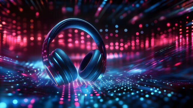 A pair of sleek 3D headphones suspended in mid-air, releasing pulsing sound waves that ripple through a futuristic environment, with bold lighting and energetic visuals 