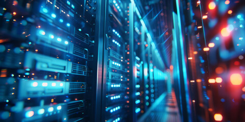  Servers in a data center or abstract representations of data storage and access, amazing blue light 
