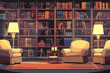 Elegant living space, bookshelf and lamps, flat design illustration