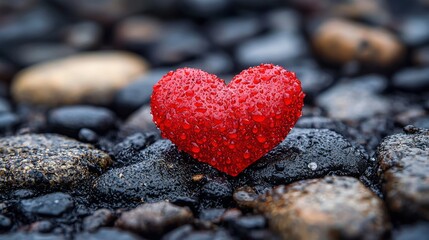 Fototapeta premium Bright red heart adorned with raindrops resting on smooth pebbles in a serene outdoor setting during a rainy day