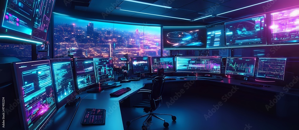 Aufkleber a futuristic gamer's office, with multiple monitors displaying complex data and a view of a glowing 