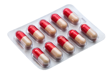 Medical pills in blister pack isolated on white background. Metal tablet blister. Silver blister with drugs