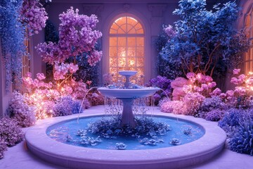 Enchanting fantasy garden with magical fountain, archway and blooming flowers