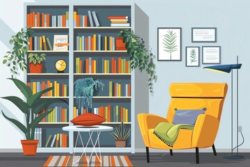 Minimalist living room, bookshelf with decor, flat design illustration