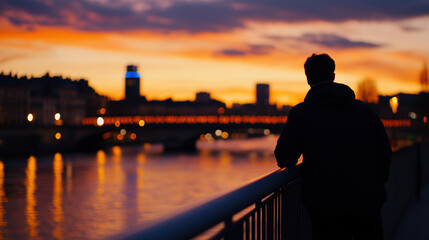 Fototapeta premium silhouette d'un homme seul observant la ville le soir au couché du soleil