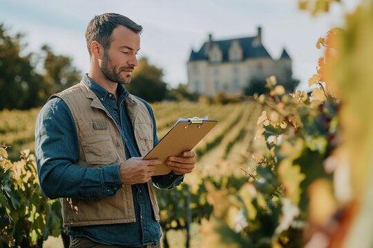 Man checks vines in vineyard with clipboard