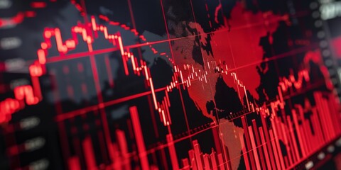 Global stock market declines illustrated by a red financial chart showing falling trends, data points, and a world map during a financial crisis event